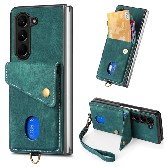 Retro Card Wallet Fold Leather Phone Case with Strap, For Samsung Galaxy Z Fold6 5G, For Samsung Galaxy Z Fold5 5G