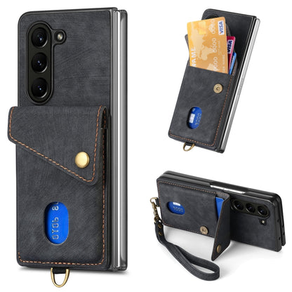 Retro Card Wallet Fold Leather Phone Case with Strap, For Samsung Galaxy Z Fold6 5G, For Samsung Galaxy Z Fold5 5G