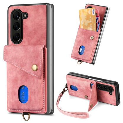 Retro Card Wallet Fold Leather Phone Case with Strap