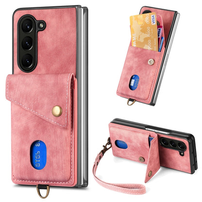 Retro Card Wallet Fold Leather Phone Case with Strap, For Samsung Galaxy Z Fold6 5G, For Samsung Galaxy Z Fold5 5G