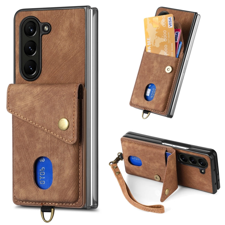 Retro Card Wallet Fold Leather Phone Case with Strap, For Samsung Galaxy Z Fold6 5G, For Samsung Galaxy Z Fold5 5G