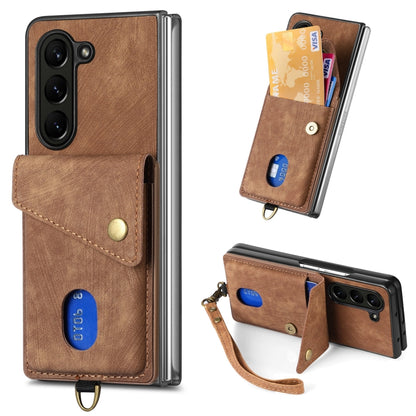 Retro Card Wallet Fold Leather Phone Case with Strap, For Samsung Galaxy Z Fold6 5G, For Samsung Galaxy Z Fold5 5G
