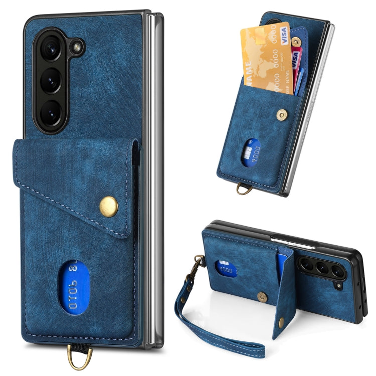 Retro Card Wallet Fold Leather Phone Case with Strap, For Samsung Galaxy Z Fold6 5G, For Samsung Galaxy Z Fold5 5G