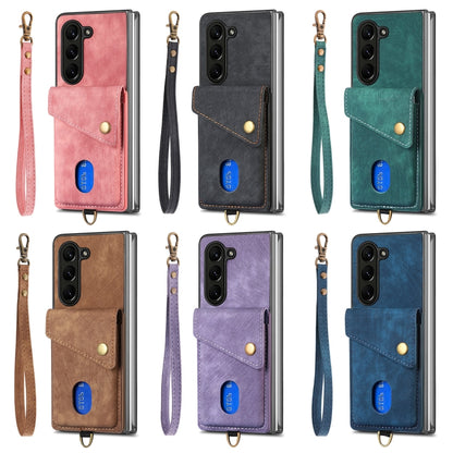 Retro Card Wallet Fold Leather Phone Case with Strap, For Samsung Galaxy Z Fold6 5G, For Samsung Galaxy Z Fold5 5G