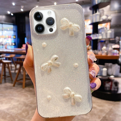 Pearl Bow Glitter Epoxy TPU Phone Case, For iPhone 17e / 16e, For iPhone 16 Pro Max, For iPhone 16 Pro, For iPhone 16 Plus, For iPhone 16, For iPhone 15 Pro Max, For iPhone 15 Pro, For iPhone 15 Plus, For iPhone 15
