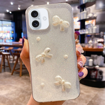 Pearl Bow Glitter Epoxy TPU Phone Case, For iPhone 17e / 16e, For iPhone 16 Pro Max, For iPhone 16 Pro, For iPhone 16 Plus, For iPhone 16, For iPhone 15 Pro Max, For iPhone 15 Pro, For iPhone 15 Plus, For iPhone 15