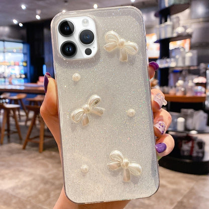 Pearl Bow Glitter Epoxy TPU Phone Case, For iPhone 17e / 16e, For iPhone 16 Pro Max, For iPhone 16 Pro, For iPhone 16 Plus, For iPhone 16, For iPhone 15 Pro Max, For iPhone 15 Pro, For iPhone 15 Plus, For iPhone 15