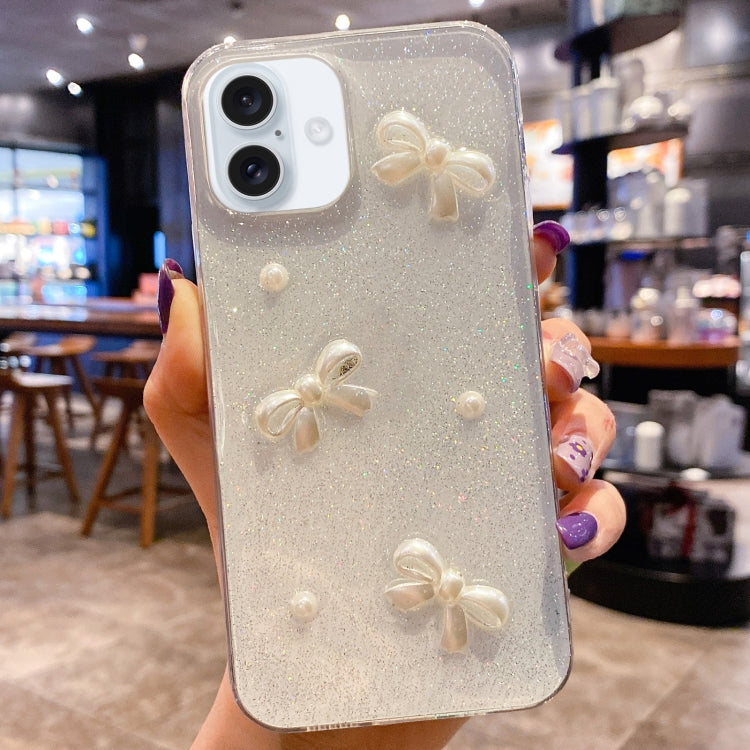 Pearl Bow Glitter Epoxy TPU Phone Case, For iPhone 17e / 16e, For iPhone 16 Pro Max, For iPhone 16 Pro, For iPhone 16 Plus, For iPhone 16, For iPhone 15 Pro Max, For iPhone 15 Pro, For iPhone 15 Plus, For iPhone 15