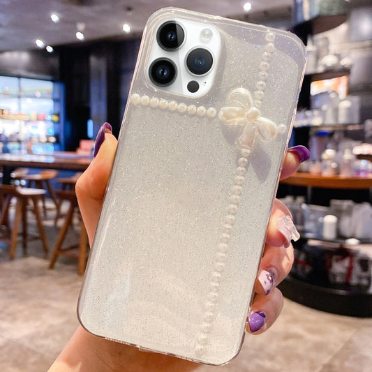 Pearl Bow Glitter Epoxy TPU Phone Case, For iPhone 16 Pro Max, For iPhone 16 Pro, For iPhone 16 Plus, For iPhone 16, For iPhone 15 Pro Max, For iPhone 15 Pro, For iPhone 15 Plus, For iPhone 15