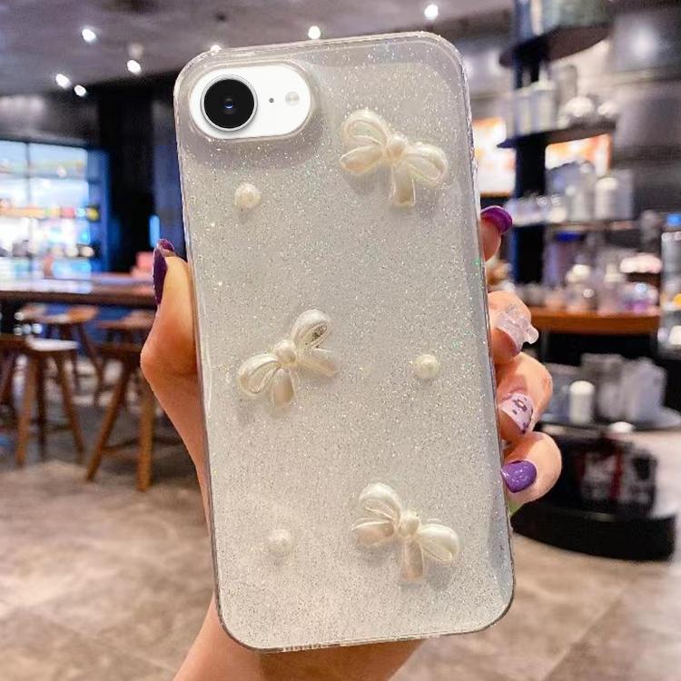 Pearl Bow Glitter Epoxy TPU Phone Case, For iPhone 17e / 16e, For iPhone 16 Pro Max, For iPhone 16 Pro, For iPhone 16 Plus, For iPhone 16, For iPhone 15 Pro Max, For iPhone 15 Pro, For iPhone 15 Plus, For iPhone 15