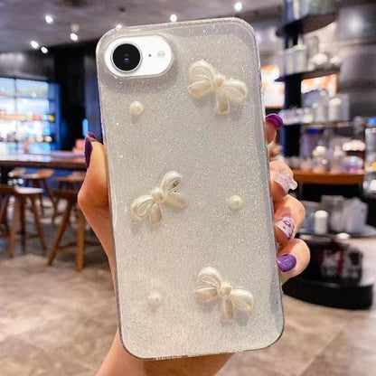 Pearl Bow Glitter Epoxy TPU Phone Case, For iPhone 17e / 16e, For iPhone 16 Pro Max, For iPhone 16 Pro, For iPhone 16 Plus, For iPhone 16, For iPhone 15 Pro Max, For iPhone 15 Pro, For iPhone 15 Plus, For iPhone 15