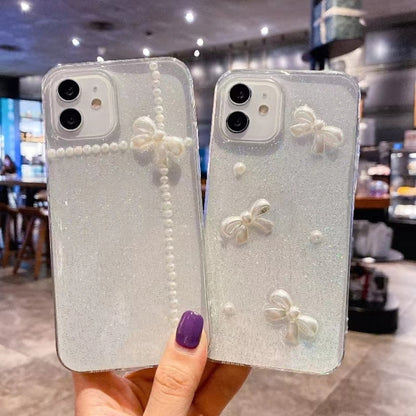 Pearl Bow Glitter Epoxy TPU Phone Case, For iPhone 17e / 16e, For iPhone 16 Pro Max, For iPhone 16 Pro, For iPhone 16 Plus, For iPhone 16, For iPhone 15 Pro Max, For iPhone 15 Pro, For iPhone 15 Plus, For iPhone 15