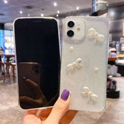 Pearl Bow Glitter Epoxy TPU Phone Case, For iPhone 17e / 16e, For iPhone 16 Pro Max, For iPhone 16 Pro, For iPhone 16 Plus, For iPhone 16, For iPhone 15 Pro Max, For iPhone 15 Pro, For iPhone 15 Plus, For iPhone 15