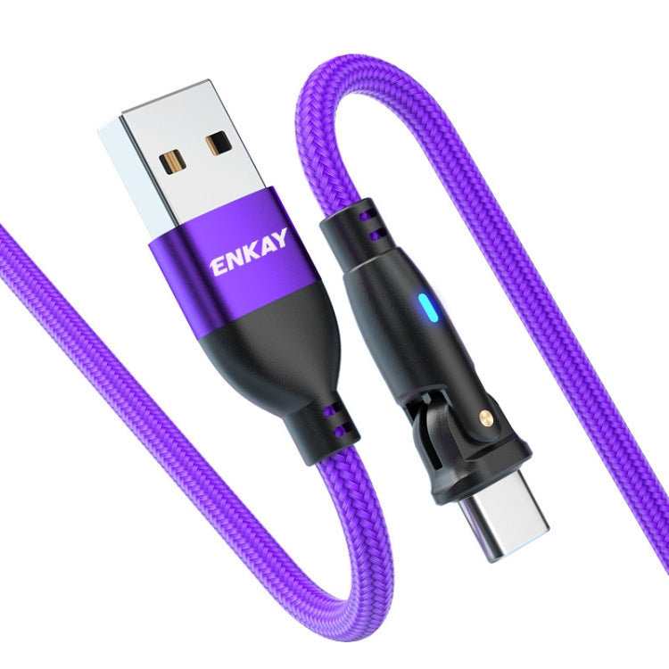 ENKAY 180 Degrees Rotating USB to Type-C 3A Fast Charging Data Cable with LED Light, 1m, 2m