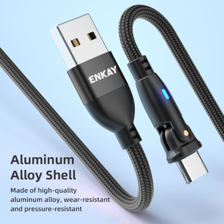 ENKAY 180 Degrees Rotating USB to Type-C 3A Fast Charging Data Cable with LED Light, 1m, 2m