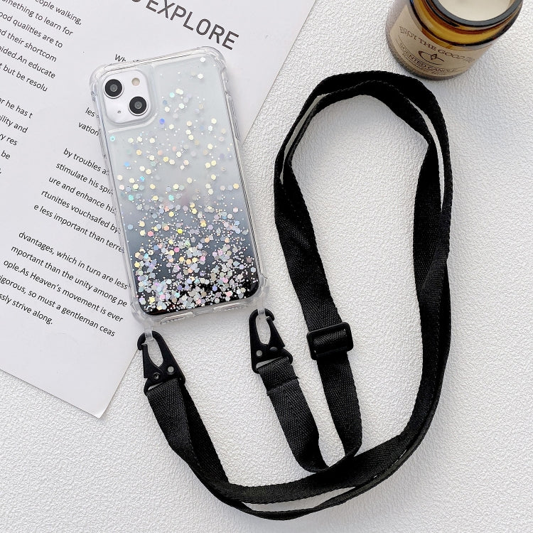 Gradient Glitter Epoxy TPU Thickened Acrylic Phone Case with Wide Lanyard, For iPhone 15 Pro Max, For iPhone 15 Pro, For iPhone 15 Plus, For iPhone 15