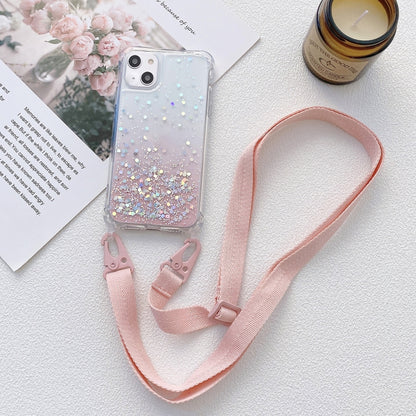 Gradient Glitter Epoxy TPU Thickened Acrylic Phone Case with Wide Lanyard, For iPhone 15 Pro Max, For iPhone 15 Pro, For iPhone 15 Plus, For iPhone 15