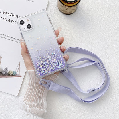 Gradient Glitter Epoxy TPU Thickened Acrylic Phone Case with Wide Lanyard, For iPhone 15 Pro Max, For iPhone 15 Pro, For iPhone 15 Plus, For iPhone 15