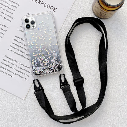 Gradient Glitter Epoxy TPU Thickened Acrylic Phone Case with Wide Lanyard, For iPhone 15 Pro Max, For iPhone 15 Pro, For iPhone 15 Plus, For iPhone 15
