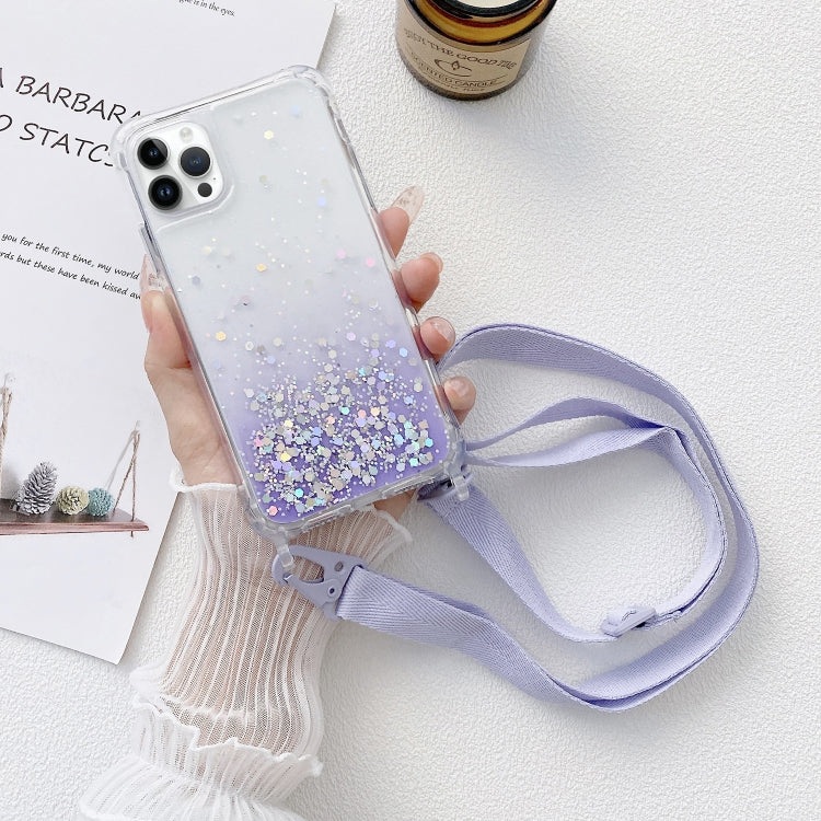 Gradient Glitter Epoxy TPU Thickened Acrylic Phone Case with Wide Lanyard, For iPhone 15 Pro Max, For iPhone 15 Pro, For iPhone 15 Plus, For iPhone 15