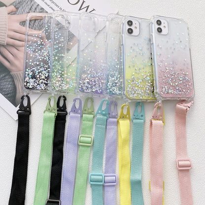 Gradient Glitter Epoxy TPU Thickened Acrylic Phone Case with Wide Lanyard, For iPhone 15 Pro Max, For iPhone 15 Pro, For iPhone 15 Plus, For iPhone 15