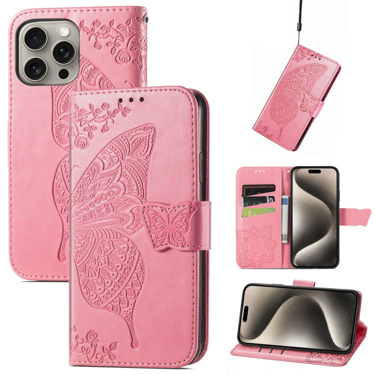 Butterfly Love Flower Embossed Leather Phone Case, For iPhone 17, For iPhone Air, For iPhone 16 Pro Max