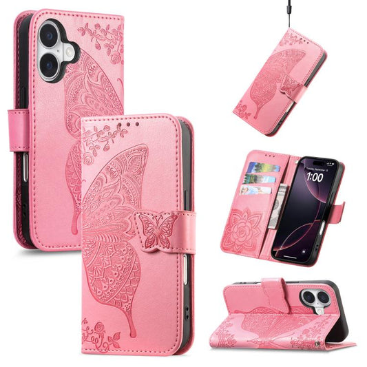 Butterfly Love Flower Embossed Leather Phone Case, For iPhone 17, For iPhone Air, For iPhone 16 Pro Max