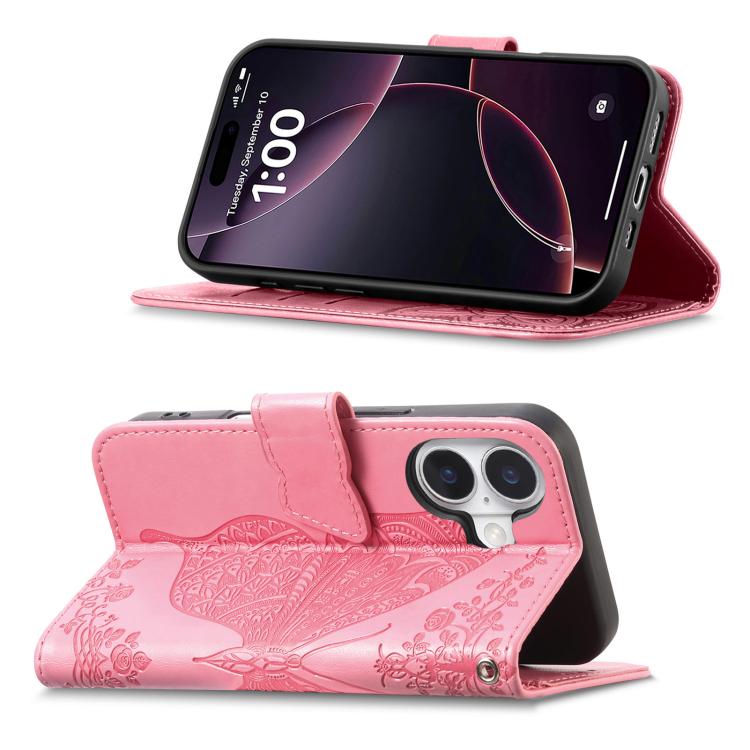 Butterfly Love Flower Embossed Leather Phone Case, For iPhone 17, For iPhone Air, For iPhone 16 Pro Max