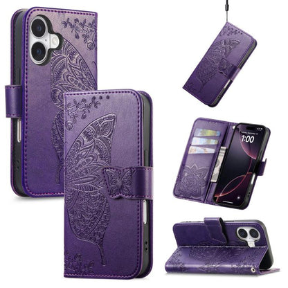 Butterfly Love Flower Embossed Leather Phone Case, For iPhone 17, For iPhone Air, For iPhone 16 Pro Max