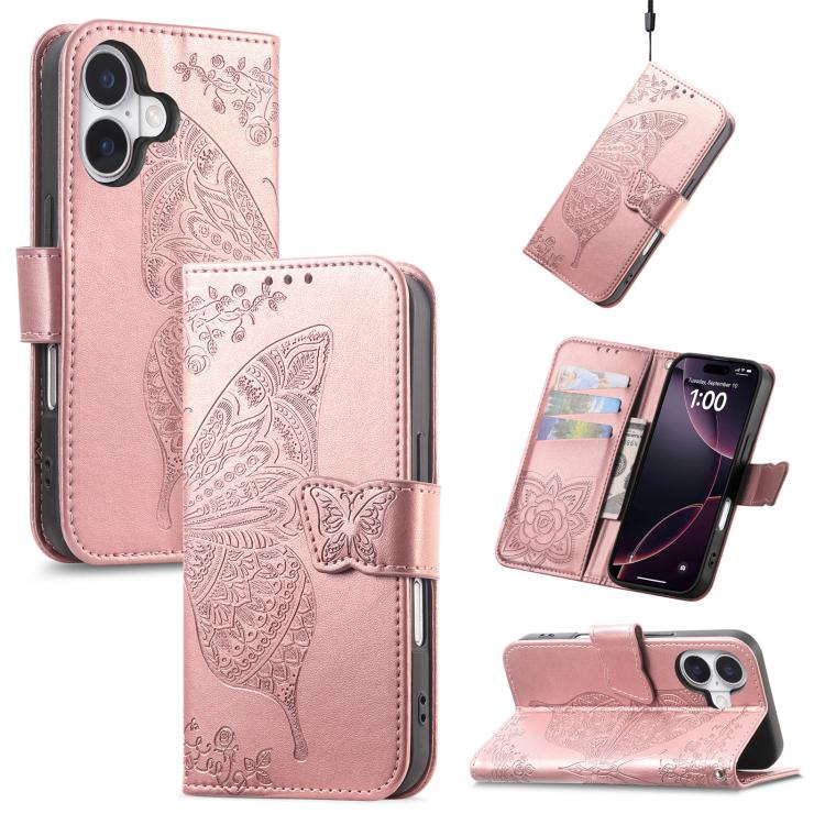 Butterfly Love Flower Embossed Leather Phone Case, For iPhone 17, For iPhone Air, For iPhone 16 Pro Max