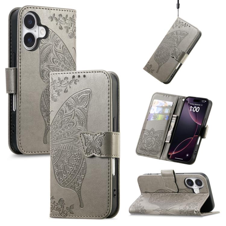 Butterfly Love Flower Embossed Leather Phone Case, For iPhone 17, For iPhone Air, For iPhone 16 Pro Max