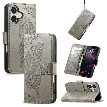 Butterfly Love Flower Embossed Leather Phone Case, For iPhone 17, For iPhone Air, For iPhone 16 Pro Max