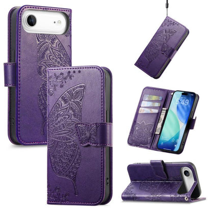 Butterfly Love Flower Embossed Leather Phone Case, For iPhone 17, For iPhone Air, For iPhone 16 Pro Max