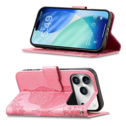 Butterfly Love Flower Embossed Leather Phone Case, For iPhone 18 Pro / 17 Pro, For IPhone 18 Pro Max / 17 Pro Max, For iPhone 17e / 16e