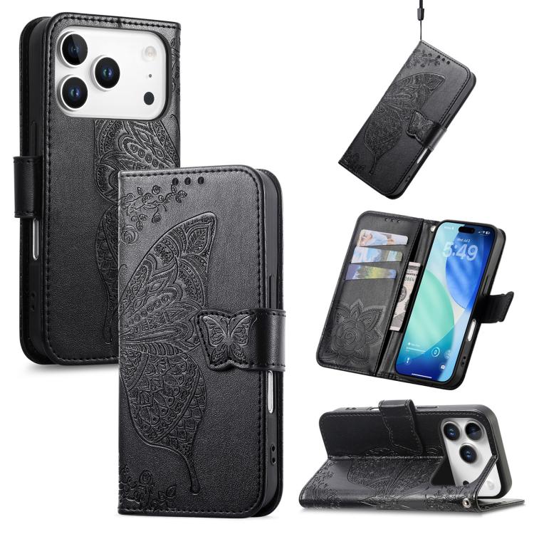 Butterfly Love Flower Embossed Leather Phone Case, For iPhone 18 Pro / 17 Pro, For IPhone 18 Pro Max / 17 Pro Max, For iPhone 17e / 16e
