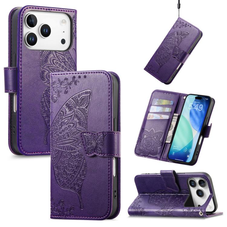 Butterfly Love Flower Embossed Leather Phone Case, For iPhone 18 Pro / 17 Pro, For IPhone 18 Pro Max / 17 Pro Max, For iPhone 17e / 16e
