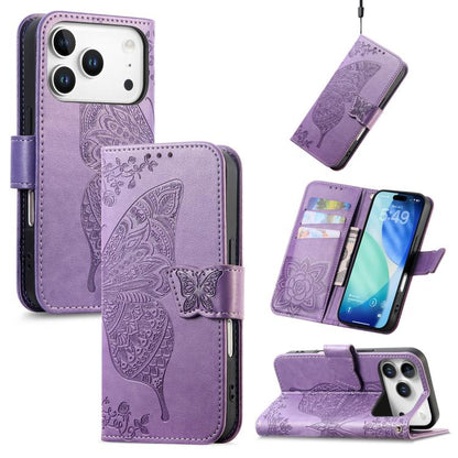 Butterfly Love Flower Embossed Leather Phone Case, For iPhone 18 Pro / 17 Pro, For IPhone 18 Pro Max / 17 Pro Max, For iPhone 17e / 16e