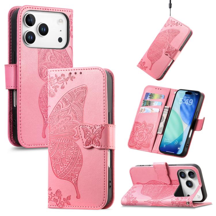 Butterfly Love Flower Embossed Leather Phone Case, For iPhone 18 Pro / 17 Pro, For IPhone 18 Pro Max / 17 Pro Max, For iPhone 17e / 16e