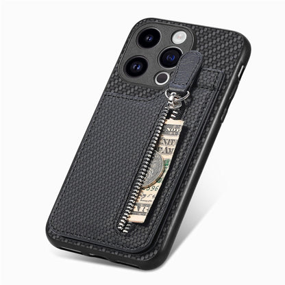 Carbon Fiber Vertical Flip Zipper Phone Case, For iPhone 15 Pro, For iPhone 15 Plus, For iPhone 15