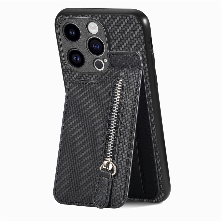 Carbon Fiber Vertical Flip Zipper Phone Case, For iPhone 16 Pro, For iPhone 16 Plus, For iPhone 16, For iPhone 15 Pro Max