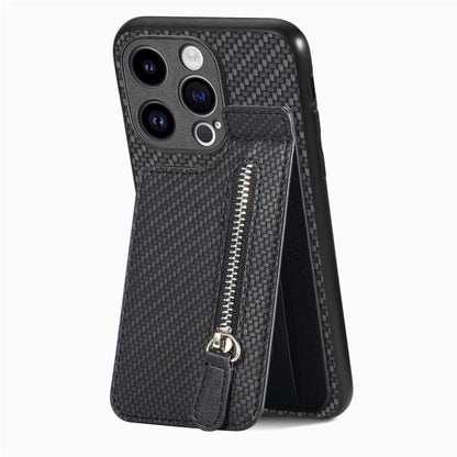 Carbon Fiber Vertical Flip Zipper Phone Case, For iPhone 16 Pro, For iPhone 16 Plus, For iPhone 16, For iPhone 15 Pro Max