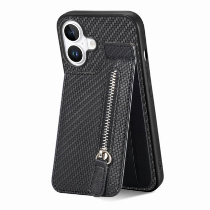 Carbon Fiber Vertical Flip Zipper Phone Case, For iPhone 16 Pro, For iPhone 16 Plus, For iPhone 16, For iPhone 15 Pro Max