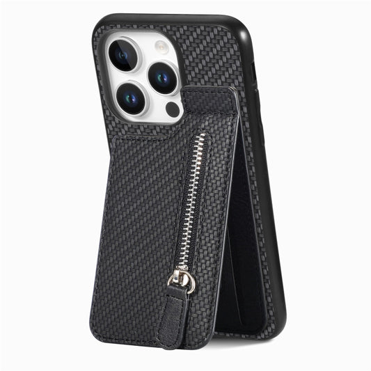 Carbon Fiber Vertical Flip Zipper Phone Case, For iPhone 16 Pro, For iPhone 16 Plus, For iPhone 16, For iPhone 15 Pro Max
