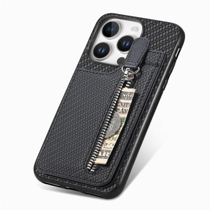 Carbon Fiber Vertical Flip Zipper Phone Case, For iPhone 16 Pro, For iPhone 16 Plus, For iPhone 16, For iPhone 15 Pro Max