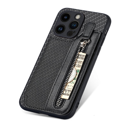 Carbon Fiber Horizontal Flip Zipper Wallet Phone Case, For iPhone 15