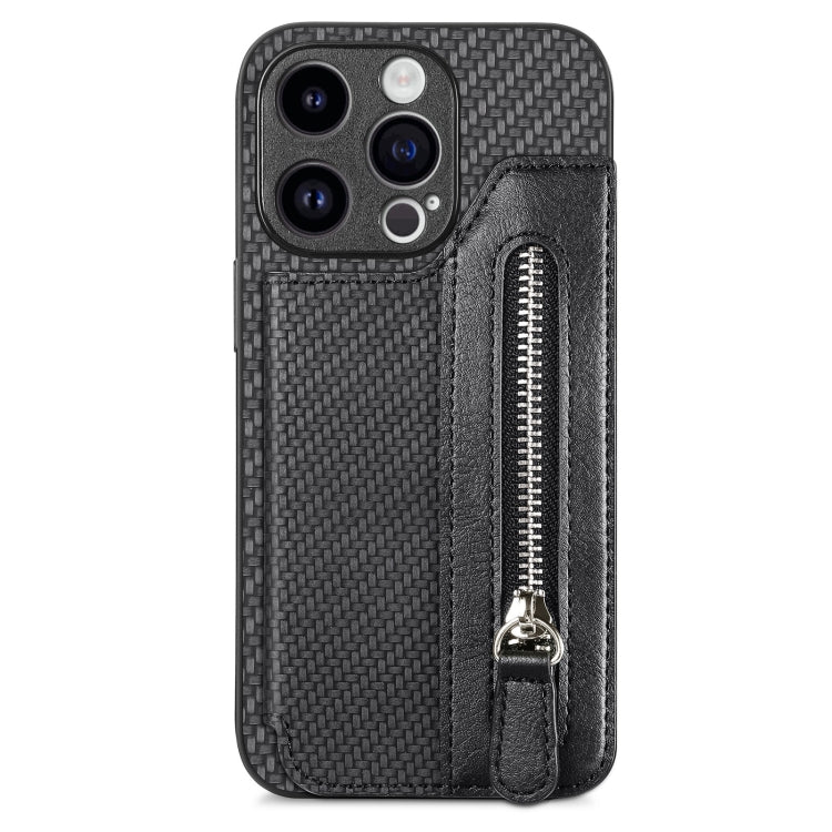 Carbon Fiber Horizontal Flip Zipper Wallet Phone Case, For iPhone 16, For iPhone 15 Pro Max, For iPhone 15 Pro, For iPhone 15 Plus