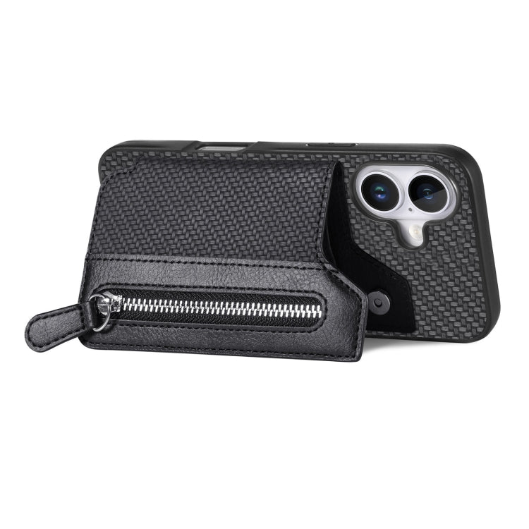 Carbon Fiber Horizontal Flip Zipper Wallet Phone Case, For iPhone 16, For iPhone 15 Pro Max, For iPhone 15 Pro, For iPhone 15 Plus