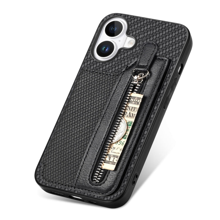 Carbon Fiber Horizontal Flip Zipper Wallet Phone Case, For iPhone 16, For iPhone 15 Pro Max, For iPhone 15 Pro, For iPhone 15 Plus