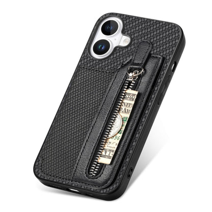 Carbon Fiber Horizontal Flip Zipper Wallet Phone Case, For iPhone 16, For iPhone 15 Pro Max, For iPhone 15 Pro, For iPhone 15 Plus