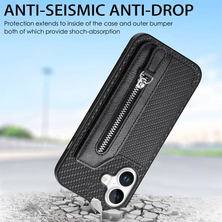 Carbon Fiber Horizontal Flip Zipper Wallet Phone Case, For iPhone 16, For iPhone 15 Pro Max, For iPhone 15 Pro, For iPhone 15 Plus